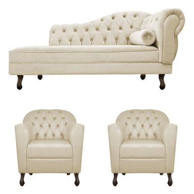 Kit Diva Recamier Diana 130Cm Lado Esquerdo E 02 Poltronas Julia Suede - Doce Sonho Móveis Bege
