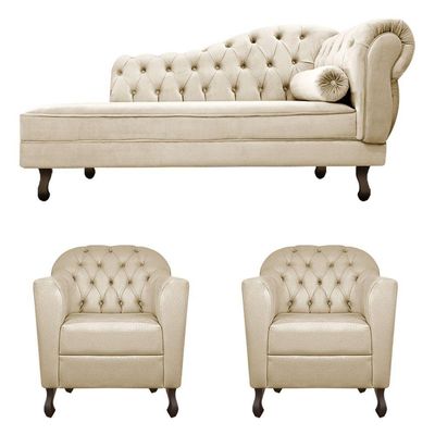Kit Diva Recamier Diana 130Cm Lado Esquerdo E 02 Poltronas Julia Corano - Doce Sonho Móveis Bege