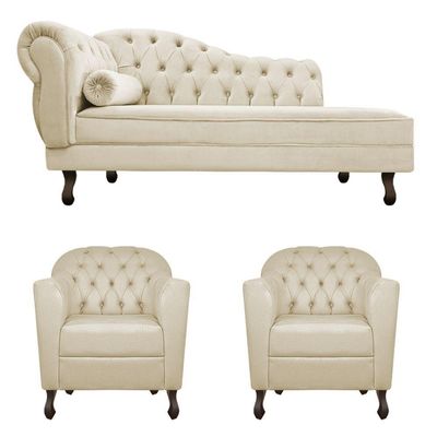 Kit Diva Recamier Diana 140Cm Lado Direito E 02 Poltronas Julia Suede - Doce Sonho Móveis Bege