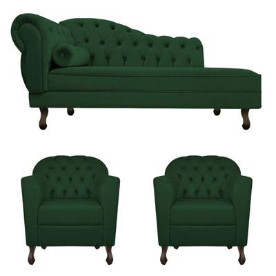 Kit Diva Recamier Diana 140Cm Lado Direito E 02 Poltronas Julia Suede - Doce Sonho Móveis Verde