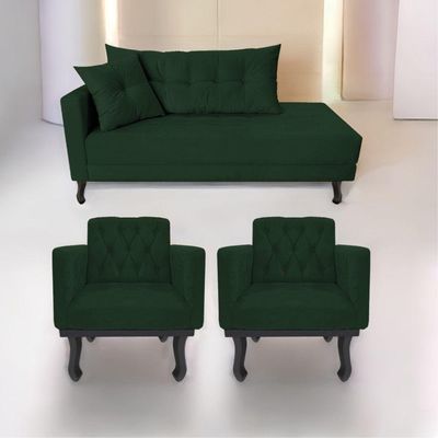 Kit Diva Recamier Azura 140Cm Lado Direito E 02 Poltronas Classic Suede - Doce Sonho Móveis Verde