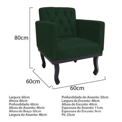 Kit Diva Recamier Azura 140Cm Lado Direito E 02 Poltronas Classic Suede - Doce Sonho Móveis Verde