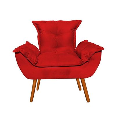 Kit 2 Poltronas Opalas Com Puff Redondo Suede Vermelho