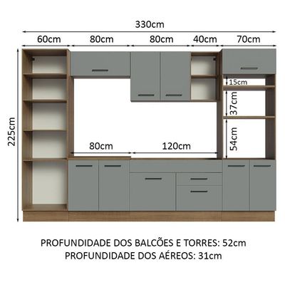 Armário De Cozinha Completa 330cm Rustic/cinza Agata Madesa 02 Rustic/cinza