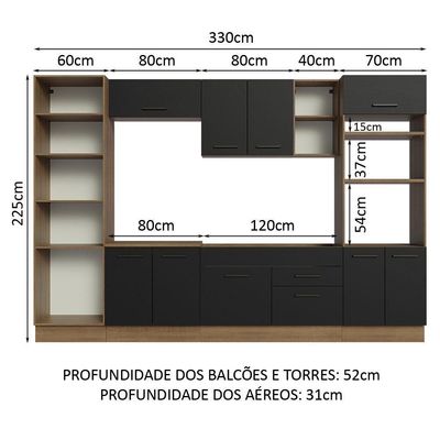 Armário De Cozinha Completa 330cm Rustic/preto Agata Madesa 02 Rustic/preto