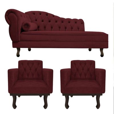 Kit Diva Recamier Diana 140Cm Lado Direito E 02 Poltronas Classic Suede Bordô