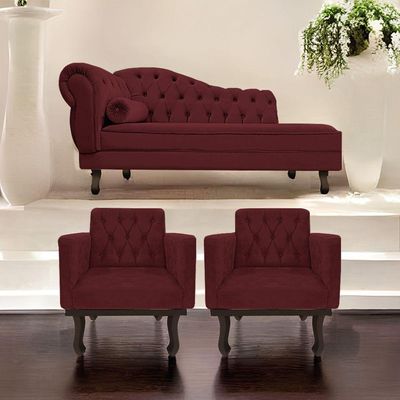Kit Diva Recamier Diana 140Cm Lado Direito E 02 Poltronas Classic Suede Bordô
