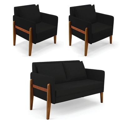 Kit 1 Sofá Namoradeira E 2 Poltronas Lana Linho Preto A79 Base De Madeira - D'rossi
