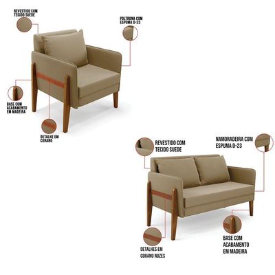 Kit 1 Sofá Namoradeira E 2 Poltronas Lana Suede Marrom Rato Base De Madeira - D'rossi
