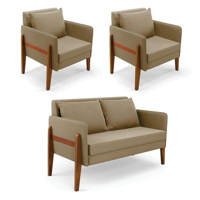 Kit 1 Sofá Namoradeira E 2 Poltronas Lana Suede Marrom Rato Base De Madeira - D'rossi