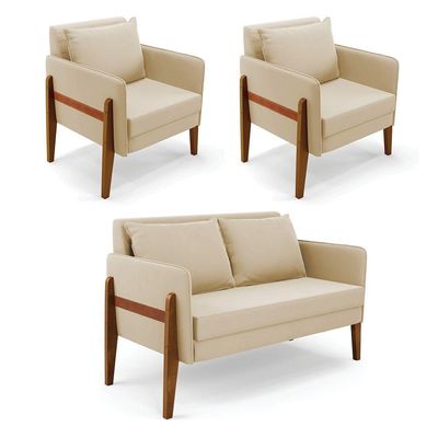 Kit 1 Sofá Namoradeira E 2 Poltronas Lana Suede Bege Base De Madeira - D'rossi