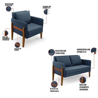 Kit 1 Sofá Namoradeira E 2 Poltronas Lana Suede Azul Marinho Base De Madeira - D'rossi