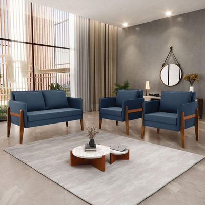 Kit 1 Sofá Namoradeira E 2 Poltronas Lana Suede Azul Marinho Base De Madeira - D'rossi