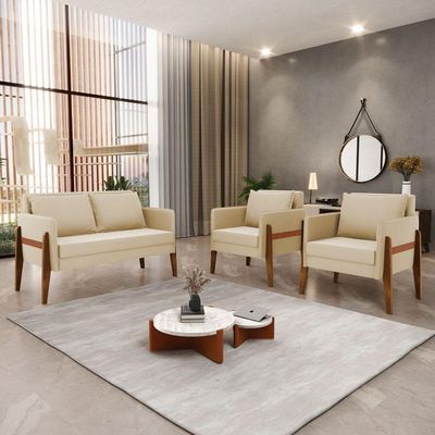 Kit 1 Sofá Namoradeira E 2 Poltronas Lana Suede Bege Base De Madeira - D'rossi
