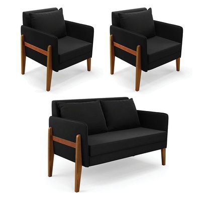 Kit 1 Sofá Namoradeira E 2 Poltronas Lana Suede Preto Base De Madeira - D'rossi