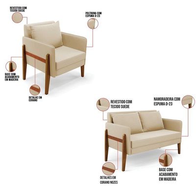 Kit 1 Sofá Namoradeira E 1 Poltrona Lana Suede Base De Madeira - D'rossi Cor Bege
