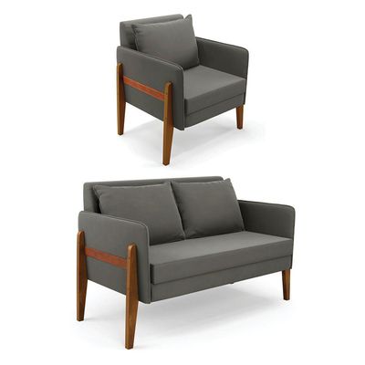 Kit 1 Sofá Namoradeira E 1 Poltrona Lana Suede Base De Madeira - D'rossi Cor Grafite