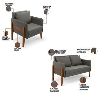 Kit 1 Sofá Namoradeira E 1 Poltrona Lana Suede Base De Madeira - D'rossi Cor Grafite