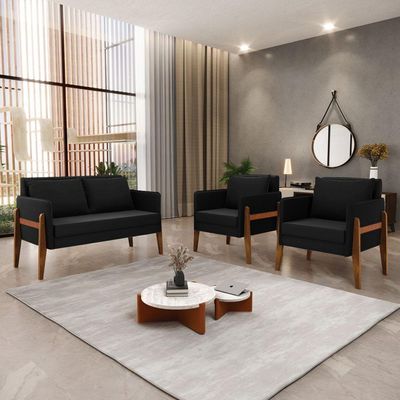 Kit 1 Sofá Namoradeira E 2 Poltronas Lana Suede Preto Base De Madeira - D'rossi