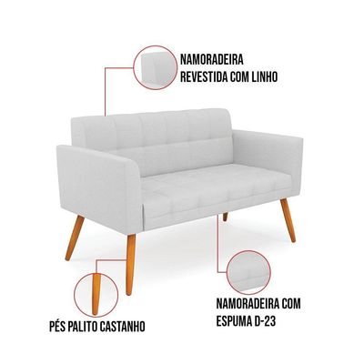 Kit 1 Sofá Namoradeira E 2 Poltronas Elisa Linho Pés Palito Castanho - D'rossi Cor A05 Cinza