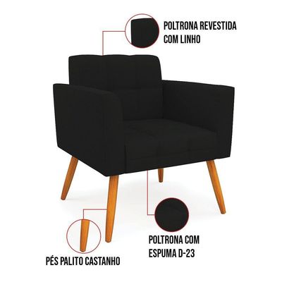 Kit 1 Sofá Namoradeira E 1 Poltrona Elisa Linho Pés Palito Castanho - D'rossi Cor A79 Preto