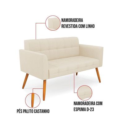 Kit 1 Sofá Namoradeira E 1 Poltrona Elisa Linho Pés Palito Castanho - D'rossi Cor A19 Bege