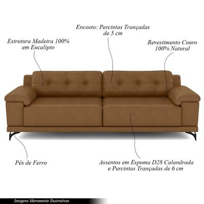 Sofá Living 3 Lugares 232cm Agostino Pés Design Em Ferro Couro Caramelo G52 - Gran Belo