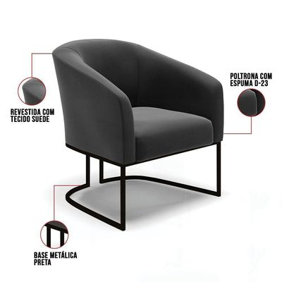 Kit 2 Poltronas Stella Suede Preto Base Industrial Preto - D'Rossi
