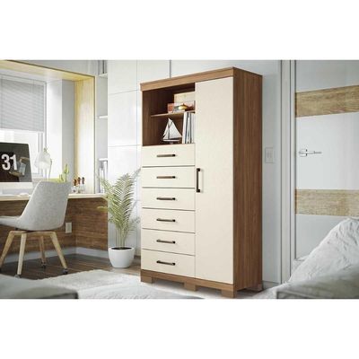 Cômoda Infantil Marabá 1.6 c/ 1 Porta 2 Nichos e 6 Gavetas c/ Pés jatoba/Areia - Santos Andirá