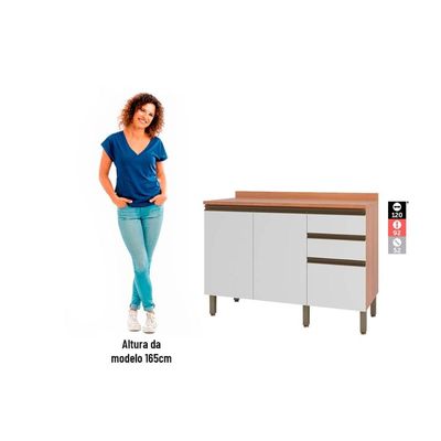 Balcão de Cozinha Modulado Macadâmia 120cm 2 Portas 3 Gavetas Freijo/Branco - Telasul