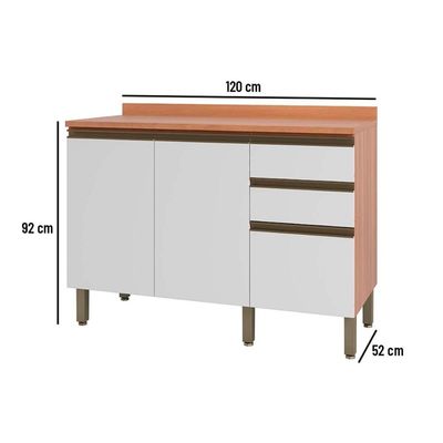Gabinete de Cozinha Modulado Balcão Macadâmia 120cm 2 Portas 3 Gavetas Freijo/Branco - Telasul