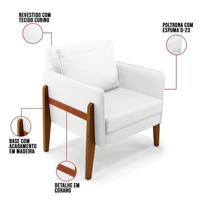 Kit 02 Poltronas Lana Corino Base De Madeira Branco