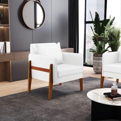 Kit 02 Poltronas Lana Corino Base De Madeira Branco