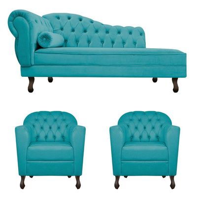 Kit Diva 140Cm Lado Direito E 02 Poltronas Julia Suede - Doce Sonho Móveis Azul Turquesa