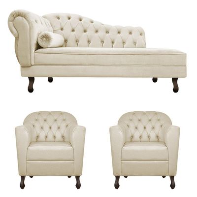 Kit Diva Recamier Diana 185Cm Lado Direito E 02 Poltronas Julia Linho - Amarena Móveis Bege