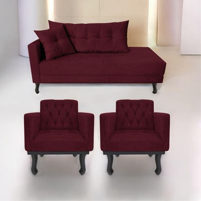 Kit Diva Recamier Azura 160Cm Lado Direito E 02 Poltronas Classic Suede - Amarena Móveis Bordô
