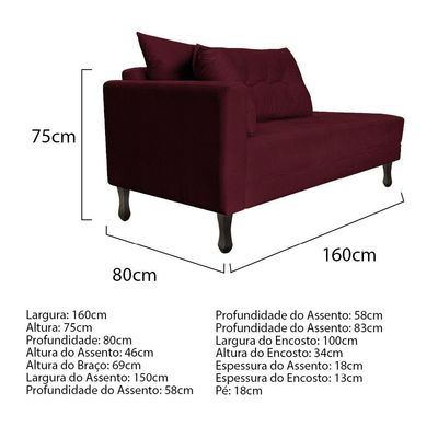 Kit Diva Recamier Azura 160Cm Lado Direito E 02 Poltronas Classic Suede - Amarena Móveis Bordô