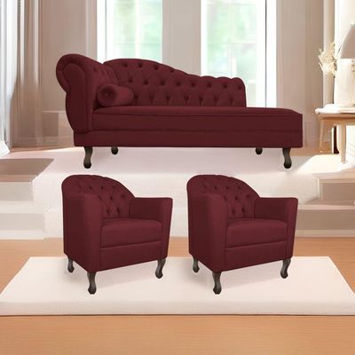 Kit Diva Recamier Diana 140Cm Lado Direito E 02 Poltronas Julia Suede - Amarena Móveis Bordô