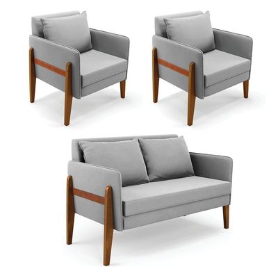 Kit 1 Sofá Namoradeira E 2 Poltronas Lana Suede Cinza Base De Madeira - D'rossi