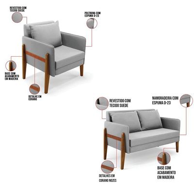 Kit 1 Sofá Namoradeira E 2 Poltronas Lana Suede Cinza Base De Madeira - D'rossi