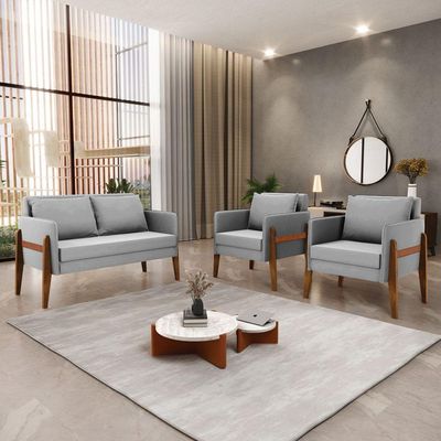 Kit 1 Sofá Namoradeira E 2 Poltronas Lana Suede Cinza Base De Madeira - D'rossi