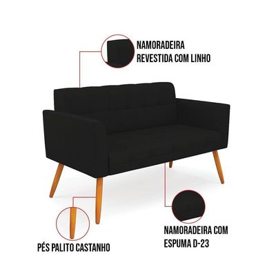 Kit 1 Sofá Namoradeira E 2 Poltronas Elisa Linho Pés Palito Castanho - D'rossi Cor A79 Preto
