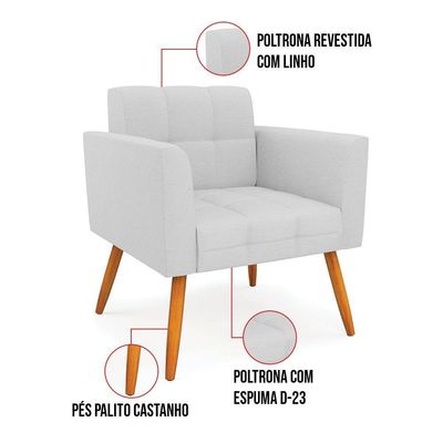 Kit 1 Sofá Namoradeira E 2 Poltronas Elisa Linho Cinza A05 Pés Palito Castanho - D'rossi
