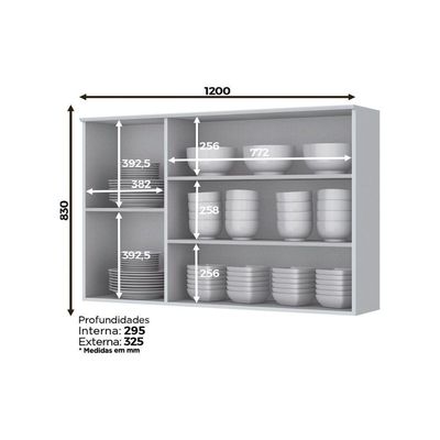 Armário Aéreo Cozinha Modulado Americana c/ 3 Portas 120cm Cinza - Henn
