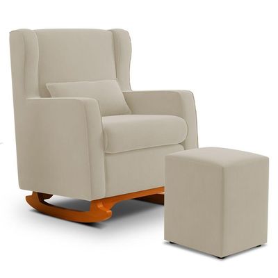 Poltrona De Amamentação E Descanso Zoe Com Base Balanço E Puff Sintético Bege - Desk Design