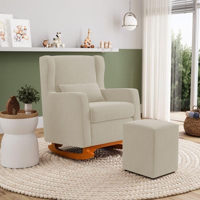 Poltrona De Amamentação E Descanso Zoe Com Base Balanço E Puff Sintético Bege - Desk Design