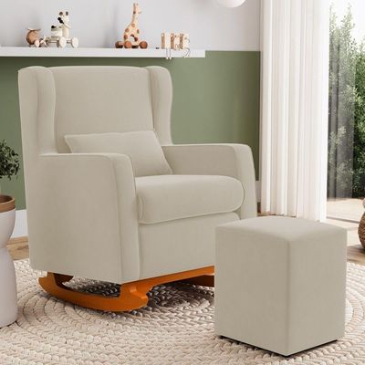 Poltrona De Amamentação E Descanso Zoe Com Base Balanço E Puff Sintético Bege - Desk Design