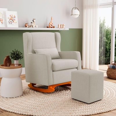 Poltrona De Amamentação E Descanso Zoe Com Base Balanço E Puff Linho Bege - Desk Design