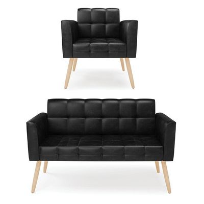 Kit 1 Sofá Namoradeira E 1 Poltrona Elisa Corano Pés Palito Natural - D'rossi Cor Preto