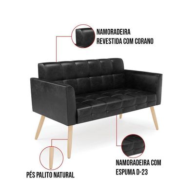 Kit 1 Sofá Namoradeira E 1 Poltrona Elisa Corano Pés Palito Natural - D'rossi Cor Preto
